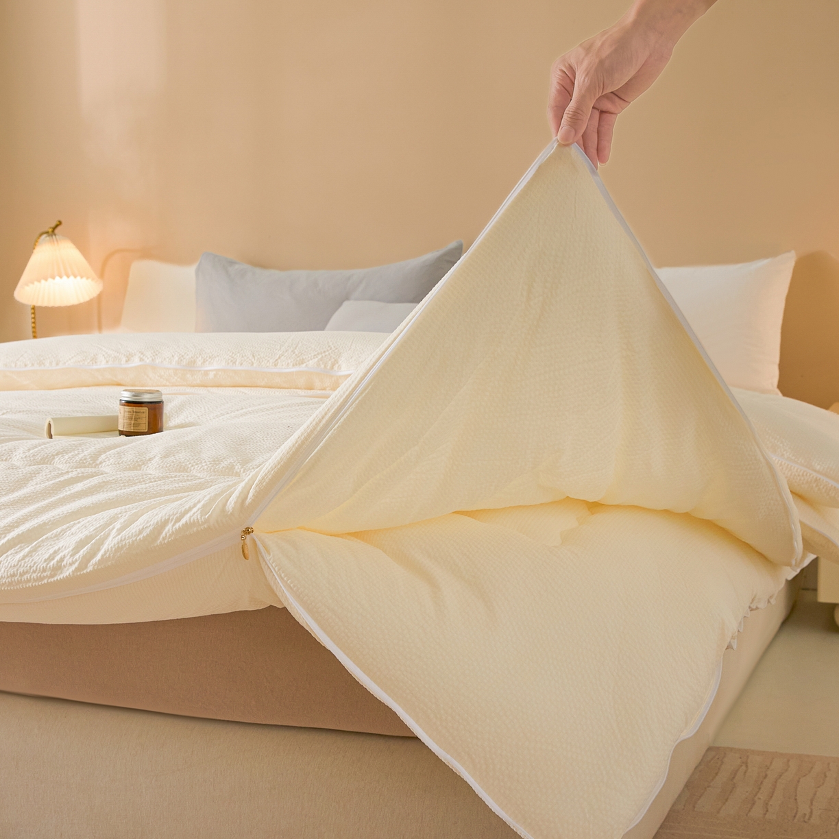 91家纺网 家纺一手货源 找家纺 蓝极人 2025新款涤纶双层纱大豆子母被 被子被芯冬被 象牙白