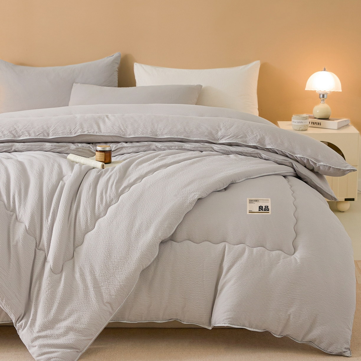 91家纺网 家纺一手货源 找家纺 蓝极人 2025新款涤纶双层纱大豆子母被 被子被芯冬被 浅银灰