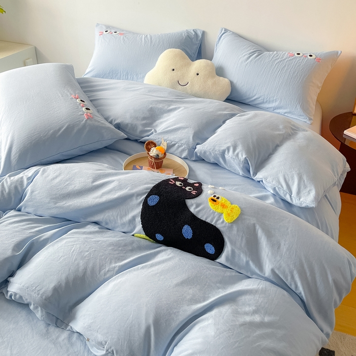 91家纺网 家纺一手货源 找家纺 梵克保罗 2025新款卡通水洗棉毛巾绣四件套 可爱猫-蓝