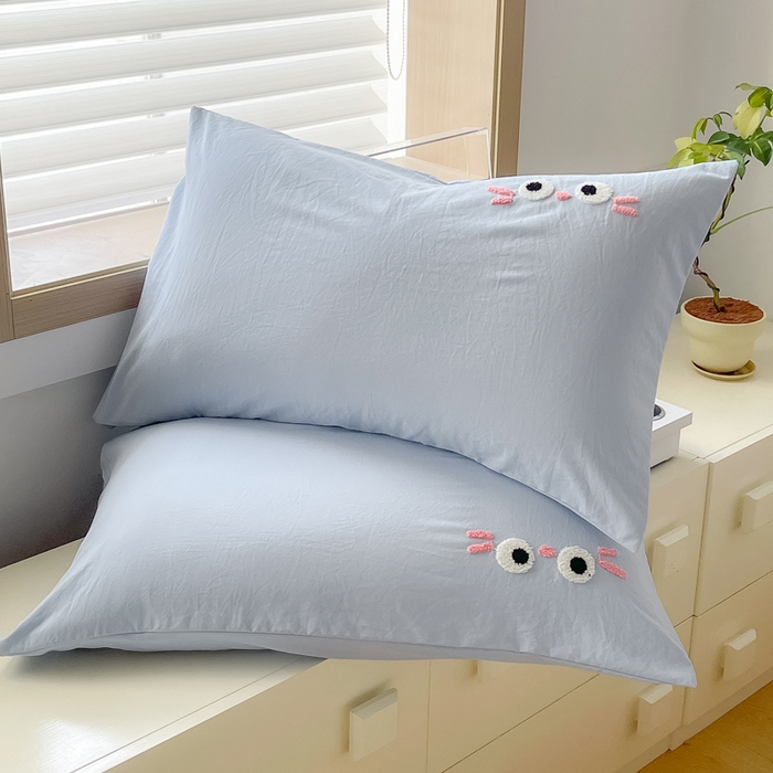 91家纺网 家纺一手货源 找家纺 梵克保罗 2025新款卡通水洗棉毛巾绣四件套 可爱猫-蓝