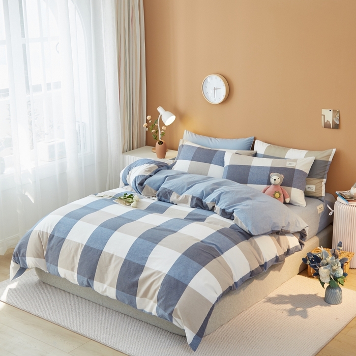 梵克保罗 2025新款无印风四件套系列 深蓝大格-床笠款