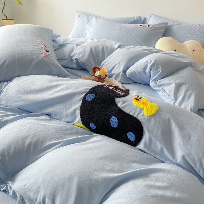 91家纺网 家纺一手货源 找家纺 梵克保罗 2025新款卡通水洗棉毛巾绣四件套 可爱猫-蓝