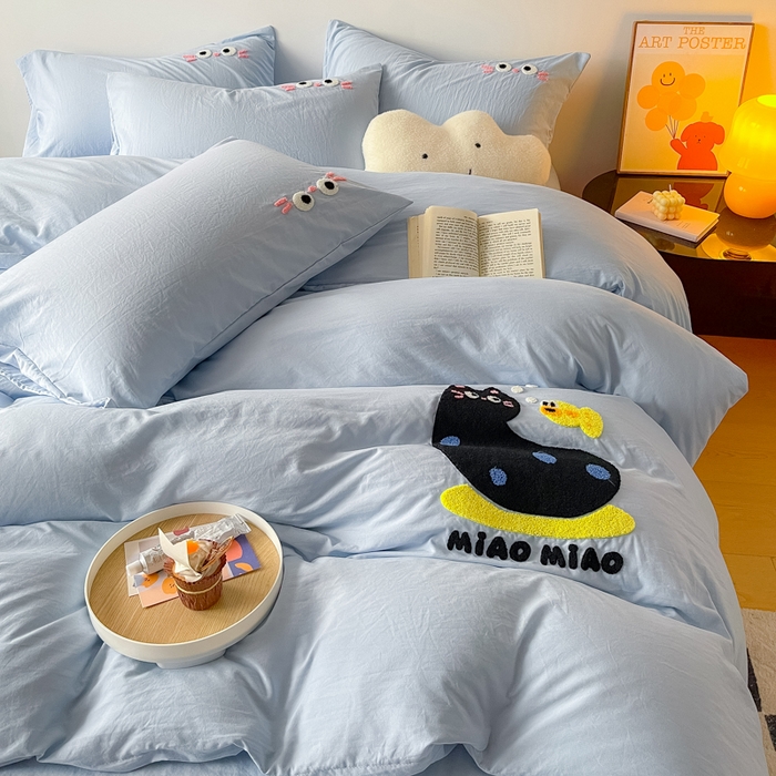 91家纺网 家纺一手货源 找家纺 梵克保罗 2025新款卡通水洗棉毛巾绣四件套 可爱猫-蓝