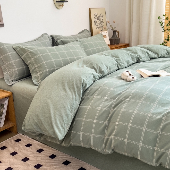 91家纺网 家纺一手货源 找家纺 梵克保罗 2025新款无印风四件套系列 格韵绿-床单款