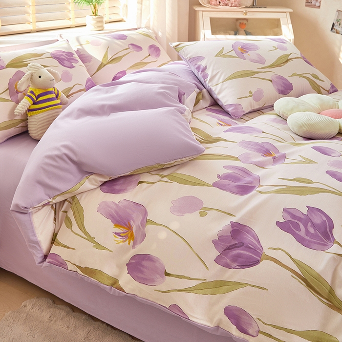 91家纺网 家纺一手货源 找家纺 梵克保罗 2025新款12868全棉印花四件套 紫色郁金香