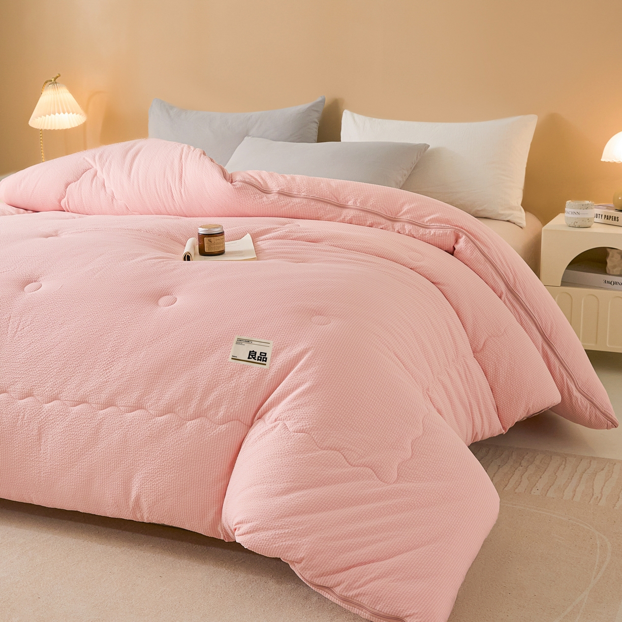 91家纺网 家纺一手货源 找家纺 蓝极人 2025新款涤纶双层纱大豆子母被 被子被芯冬被 白桃粉