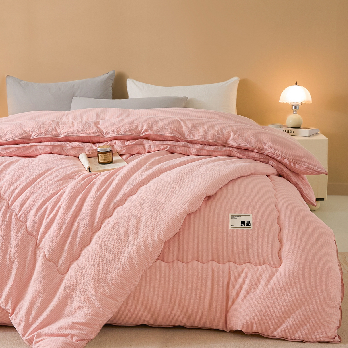 91家纺网 家纺一手货源 找家纺 蓝极人 2025新款涤纶双层纱大豆子母被 被子被芯冬被 白桃粉