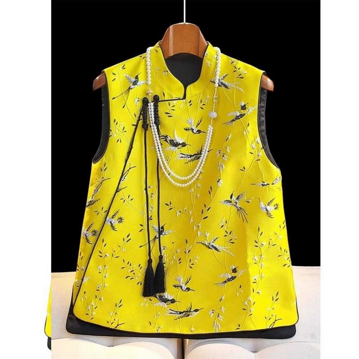 洛兰沙家居馆【只代发】【只代发】 2025新款复古织锦缎细纱棉麻拼接马甲背心刺绣中式盘扣上衣 26