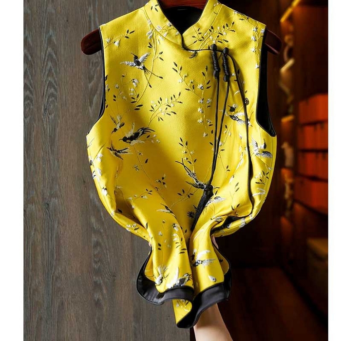 91家纺网 家纺一手货源 找家纺 洛兰沙家居馆【只代发】【只代发】 2025新款复古织锦缎细纱棉麻拼接马甲背心刺绣中式盘扣上衣 26