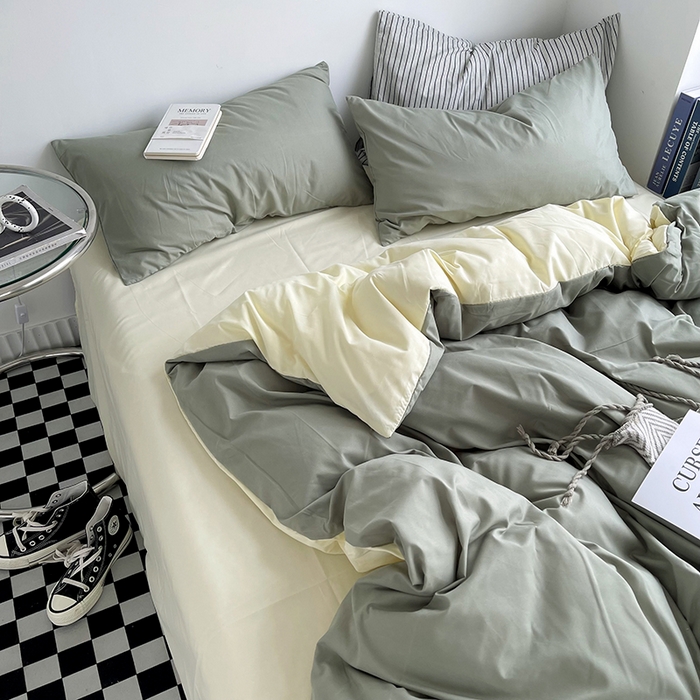 91家纺网 家纺一手货源 找家纺 梵克保罗 2025新款ins风小红书同款纯色双拼水洗棉四件套学生三件套亲肤加厚磨毛四件套混搭系列-单被套单枕套 双拼-抹茶芝士