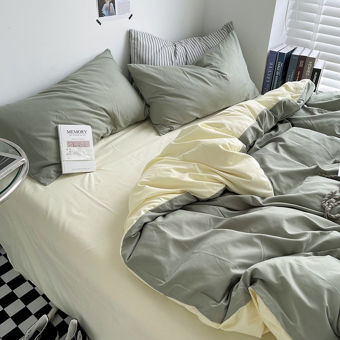 91家纺网 家纺一手货源 找家纺 梵克保罗 2025新款ins风小红书同款纯色双拼水洗棉四件套学生三件套亲肤加厚磨毛四件套混搭系列-单被套单枕套 双拼-抹茶芝士