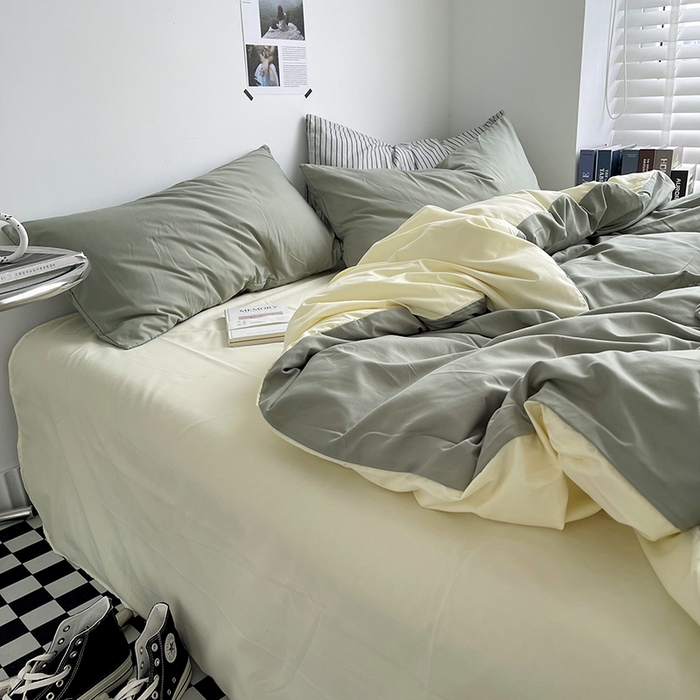 91家纺网 家纺一手货源 找家纺 梵克保罗 2025新款ins风小红书同款纯色双拼水洗棉四件套学生三件套亲肤加厚磨毛四件套混搭系列-单被套单枕套 双拼-抹茶芝士