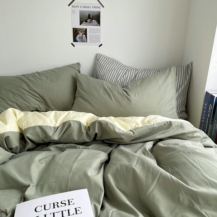 91家纺网 家纺一手货源 找家纺 梵克保罗 2025新款ins风小红书同款纯色双拼水洗棉四件套学生三件套亲肤加厚磨毛四件套混搭系列-单被套单枕套 双拼-抹茶芝士