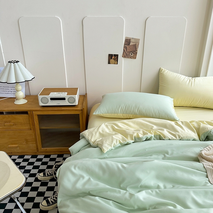 91家纺网 家纺一手货源 找家纺 梵克保罗 2025新款ins风小红书同款纯色双拼水洗棉四件套学生三件套亲肤加厚磨毛四件套混搭系列-单被套单枕套 双拼-薄荷芝士