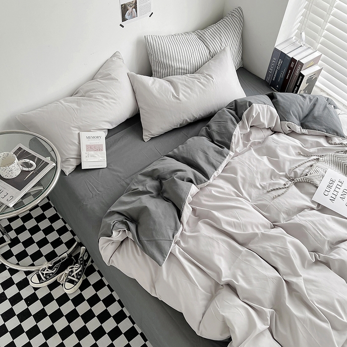 91家纺网 家纺一手货源 找家纺 梵克保罗 2025新款ins风小红书同款纯色双拼水洗棉四件套学生三件套亲肤加厚磨毛四件套混搭系列-单被套单枕套 双拼-雾霾灰