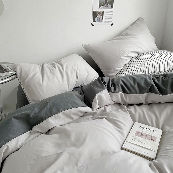 91家纺网 家纺一手货源 找家纺 梵克保罗 2025新款ins风小红书同款纯色双拼水洗棉四件套学生三件套亲肤加厚磨毛四件套混搭系列-单被套单枕套 双拼-雾霾灰