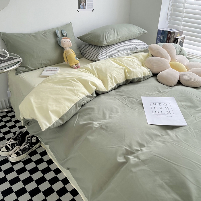 91家纺网 家纺一手货源 找家纺 梵克保罗 2025新款ins风小红书同款纯色双拼水洗棉四件套学生三件套亲肤加厚磨毛四件套混搭系列-单被套单枕套 双拼-抹茶芝士