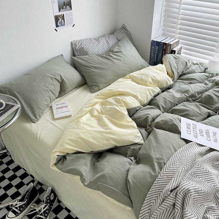 91家纺网 家纺一手货源 找家纺 梵克保罗 2025新款ins风小红书同款纯色双拼水洗棉四件套学生三件套亲肤加厚磨毛四件套混搭系列-单被套单枕套 双拼-抹茶芝士