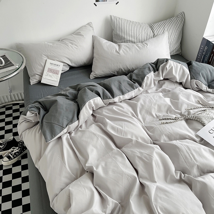 91家纺网 家纺一手货源 找家纺 梵克保罗 2025新款ins风小红书同款纯色双拼水洗棉四件套学生三件套亲肤加厚磨毛四件套混搭系列-单被套单枕套 双拼-雾霾灰
