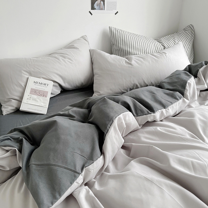 91家纺网 家纺一手货源 找家纺 梵克保罗 2025新款ins风小红书同款纯色双拼水洗棉四件套学生三件套亲肤加厚磨毛四件套混搭系列-单被套单枕套 双拼-雾霾灰