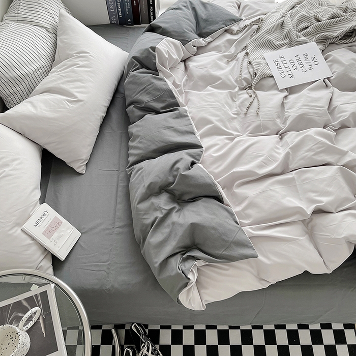 91家纺网 家纺一手货源 找家纺 梵克保罗 2025新款ins风小红书同款纯色双拼水洗棉四件套学生三件套亲肤加厚磨毛四件套混搭系列-单被套单枕套 双拼-雾霾灰