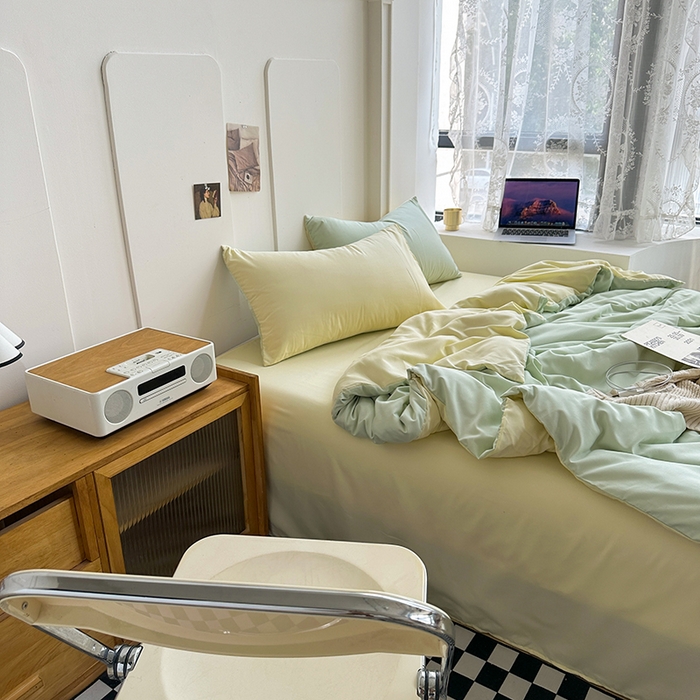 91家纺网 家纺一手货源 找家纺 梵克保罗 2025新款ins风小红书同款纯色双拼水洗棉四件套学生三件套亲肤加厚磨毛四件套混搭系列-单被套单枕套 双拼-薄荷芝士