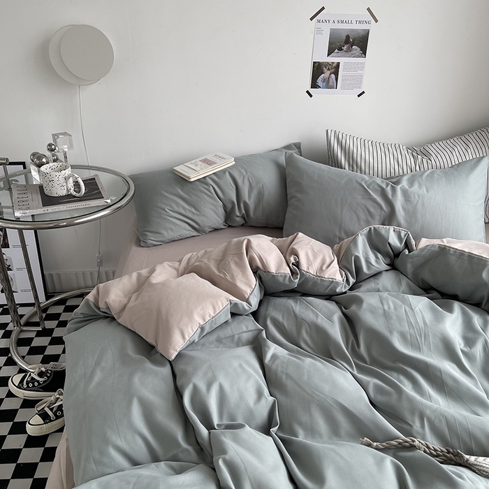 91家纺网 家纺一手货源 找家纺 梵克保罗 2025新款ins风小红书同款纯色双拼水洗棉四件套学生三件套亲肤加厚磨毛四件套混搭系列-单被套单枕套 双拼-抹茶卡其