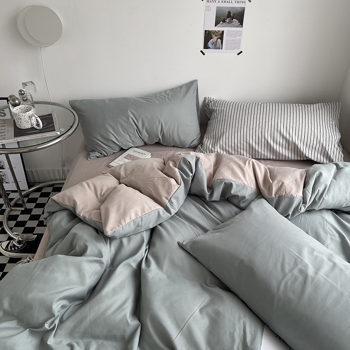91家纺网 家纺一手货源 找家纺 梵克保罗 2025新款ins风小红书同款纯色双拼水洗棉四件套学生三件套亲肤加厚磨毛四件套混搭系列-单被套单枕套 双拼-抹茶卡其