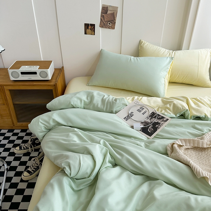 91家纺网 家纺一手货源 找家纺 梵克保罗 2025新款ins风小红书同款纯色双拼水洗棉四件套学生三件套亲肤加厚磨毛四件套混搭系列-单被套单枕套 双拼-薄荷芝士