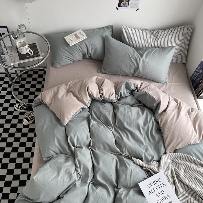 91家纺网 家纺一手货源 找家纺 梵克保罗 2025新款ins风小红书同款纯色双拼水洗棉四件套学生三件套亲肤加厚磨毛四件套混搭系列-单被套单枕套 双拼-抹茶卡其