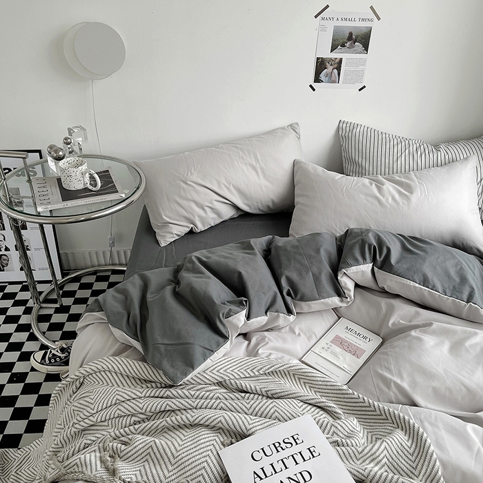 91家纺网 家纺一手货源 找家纺 梵克保罗 2025新款ins风小红书同款纯色双拼水洗棉四件套学生三件套亲肤加厚磨毛四件套混搭系列-单被套单枕套 双拼-雾霾灰