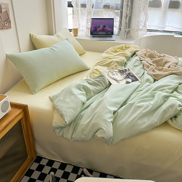 91家纺网 家纺一手货源 找家纺 梵克保罗 2025新款ins风小红书同款纯色双拼水洗棉四件套学生三件套亲肤加厚磨毛四件套混搭系列-单被套单枕套 双拼-薄荷芝士