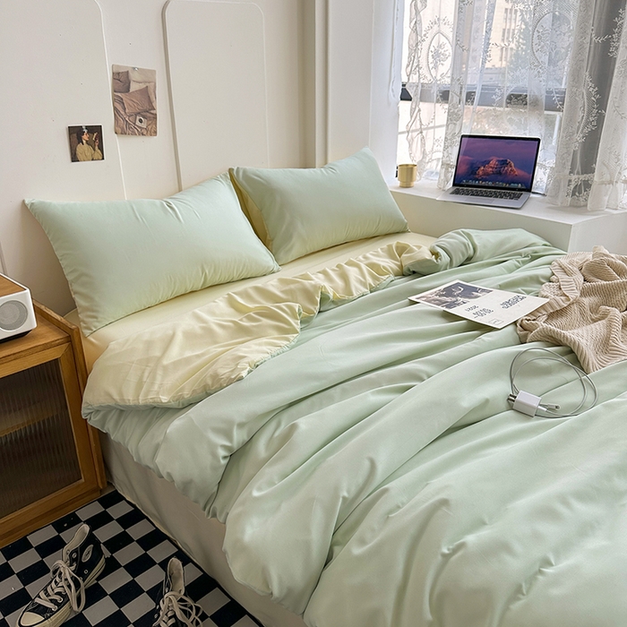 91家纺网 家纺一手货源 找家纺 梵克保罗 2025新款ins风小红书同款纯色双拼水洗棉四件套学生三件套亲肤加厚磨毛四件套混搭系列-单被套单枕套 双拼-薄荷芝士
