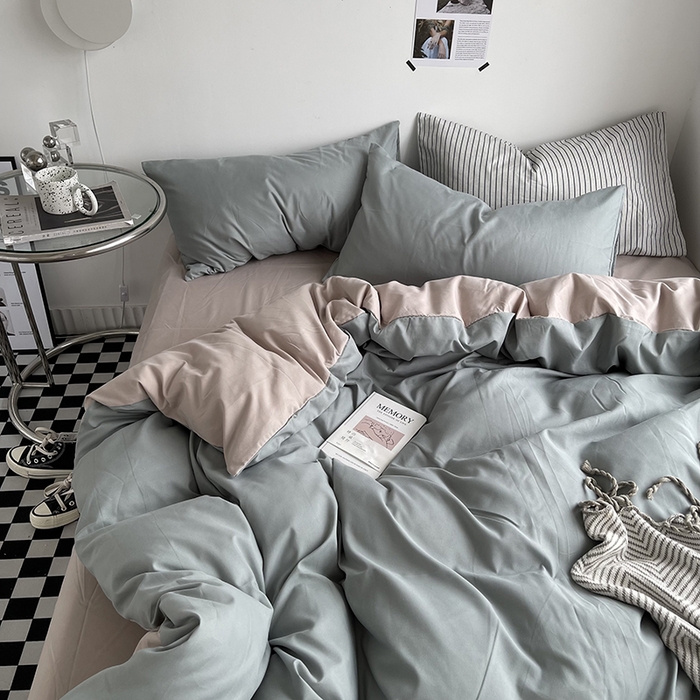 91家纺网 家纺一手货源 找家纺 梵克保罗 2025新款ins风小红书同款纯色双拼水洗棉四件套学生三件套亲肤加厚磨毛四件套混搭系列-单被套单枕套 双拼-抹茶卡其