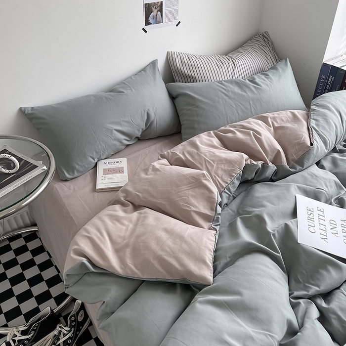 91家纺网 家纺一手货源 找家纺 梵克保罗 2025新款ins风小红书同款纯色双拼水洗棉四件套学生三件套亲肤加厚磨毛四件套混搭系列-单被套单枕套 双拼-抹茶卡其