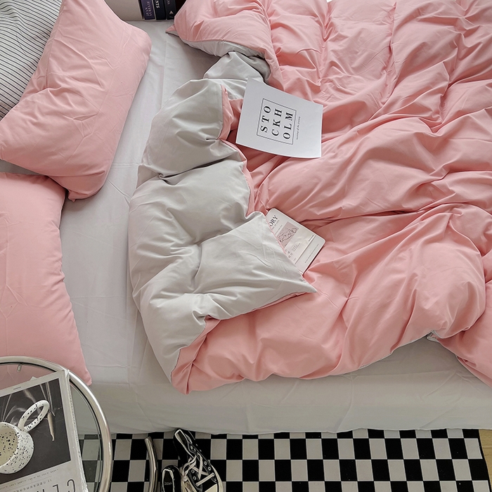 91家纺网 家纺一手货源 找家纺 梵克保罗 2025新款ins风小红书同款纯色双拼水洗棉四件套学生三件套亲肤加厚磨毛四件套混搭系列-单被套单枕套 双拼-豆沙浅灰