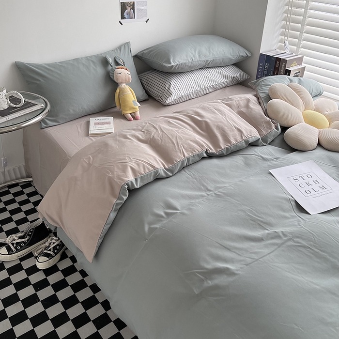 91家纺网 家纺一手货源 找家纺 梵克保罗 2025新款ins风小红书同款纯色双拼水洗棉四件套学生三件套亲肤加厚磨毛四件套混搭系列-单被套单枕套 双拼-抹茶卡其
