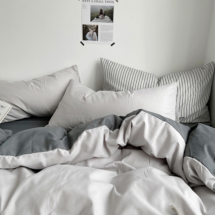 91家纺网 家纺一手货源 找家纺 梵克保罗 2025新款ins风小红书同款纯色双拼水洗棉四件套学生三件套亲肤加厚磨毛四件套混搭系列-单被套单枕套 双拼-雾霾灰