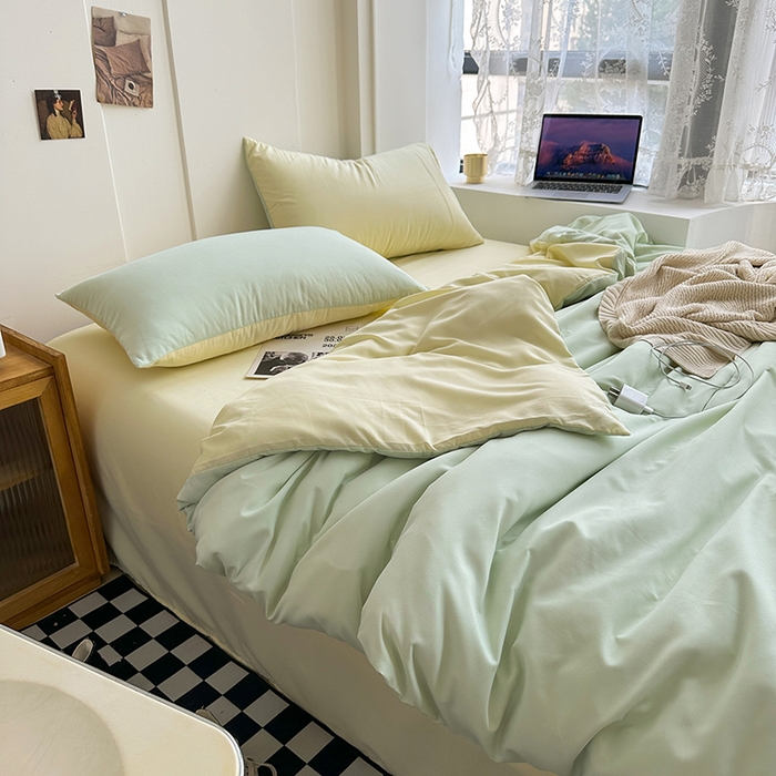 91家纺网 家纺一手货源 找家纺 梵克保罗 2025新款ins风小红书同款纯色双拼水洗棉四件套学生三件套亲肤加厚磨毛四件套混搭系列-单被套单枕套 双拼-薄荷芝士