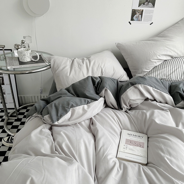 91家纺网 家纺一手货源 找家纺 梵克保罗 2025新款ins风小红书同款纯色双拼水洗棉四件套学生三件套亲肤加厚磨毛四件套混搭系列-单被套单枕套 双拼-雾霾灰