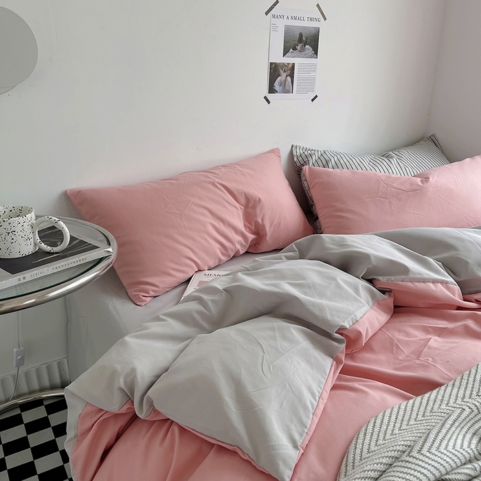 91家纺网 家纺一手货源 找家纺 梵克保罗 2025新款ins风小红书同款纯色双拼水洗棉四件套学生三件套亲肤加厚磨毛四件套混搭系列-单被套单枕套 双拼-豆沙浅灰