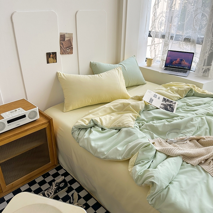 91家纺网 家纺一手货源 找家纺 梵克保罗 2025新款ins风小红书同款纯色双拼水洗棉四件套学生三件套亲肤加厚磨毛四件套混搭系列-单被套单枕套 双拼-薄荷芝士