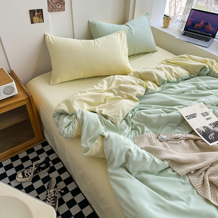 91家纺网 家纺一手货源 找家纺 梵克保罗 2025新款ins风小红书同款纯色双拼水洗棉四件套学生三件套亲肤加厚磨毛四件套混搭系列-单被套单枕套 双拼-薄荷芝士
