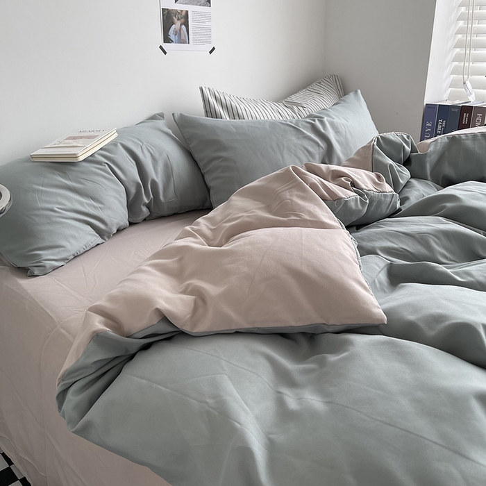 91家纺网 家纺一手货源 找家纺 梵克保罗 2025新款ins风小红书同款纯色双拼水洗棉四件套学生三件套亲肤加厚磨毛四件套混搭系列-单被套单枕套 双拼-抹茶卡其