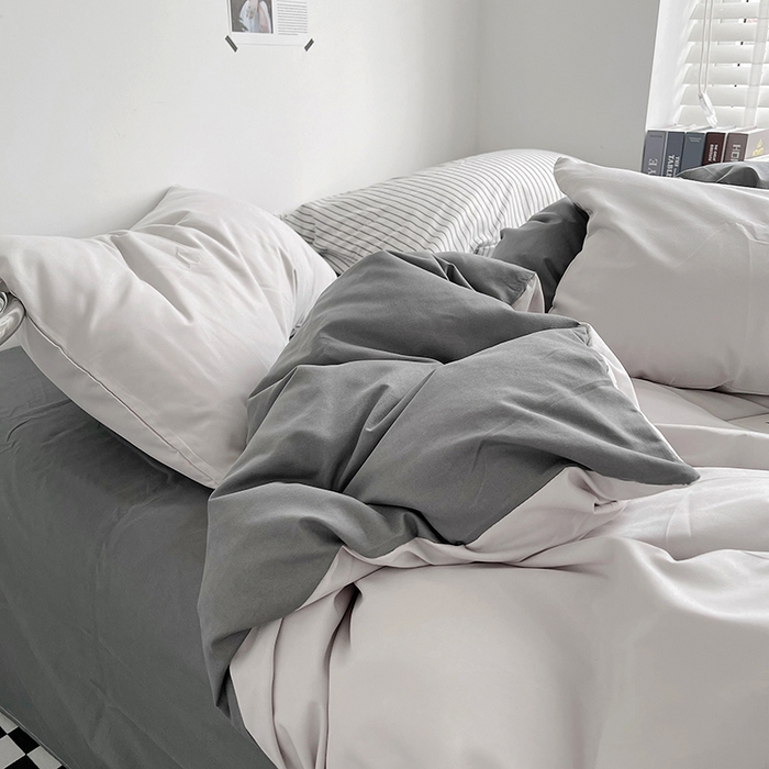 91家纺网 家纺一手货源 找家纺 梵克保罗 2025新款ins风小红书同款纯色双拼水洗棉四件套学生三件套亲肤加厚磨毛四件套混搭系列-单被套单枕套 双拼-雾霾灰