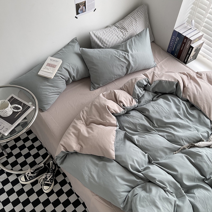 91家纺网 家纺一手货源 找家纺 梵克保罗 2025新款ins风小红书同款纯色双拼水洗棉四件套学生三件套亲肤加厚磨毛四件套混搭系列-单被套单枕套 双拼-抹茶卡其