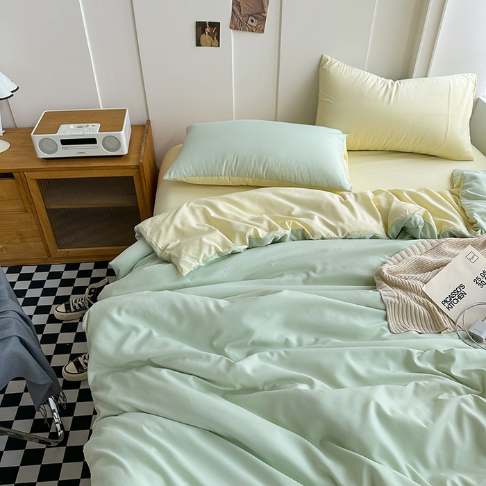 91家纺网 家纺一手货源 找家纺 梵克保罗 2025新款ins风小红书同款纯色双拼水洗棉四件套学生三件套亲肤加厚磨毛四件套混搭系列-单被套单枕套 双拼-薄荷芝士