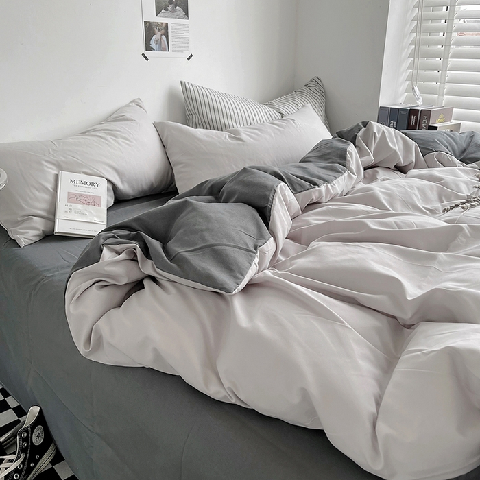 91家纺网 家纺一手货源 找家纺 梵克保罗 2025新款ins风小红书同款纯色双拼水洗棉四件套学生三件套亲肤加厚磨毛四件套混搭系列-单被套单枕套 双拼-雾霾灰