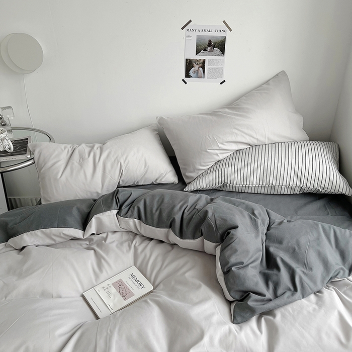 91家纺网 家纺一手货源 找家纺 梵克保罗 2025新款ins风小红书同款纯色双拼水洗棉四件套学生三件套亲肤加厚磨毛四件套混搭系列-单被套单枕套 双拼-雾霾灰