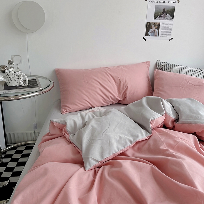 91家纺网 家纺一手货源 找家纺 梵克保罗 2025新款ins风小红书同款纯色双拼水洗棉四件套学生三件套亲肤加厚磨毛四件套混搭系列-单被套单枕套 双拼-豆沙浅灰